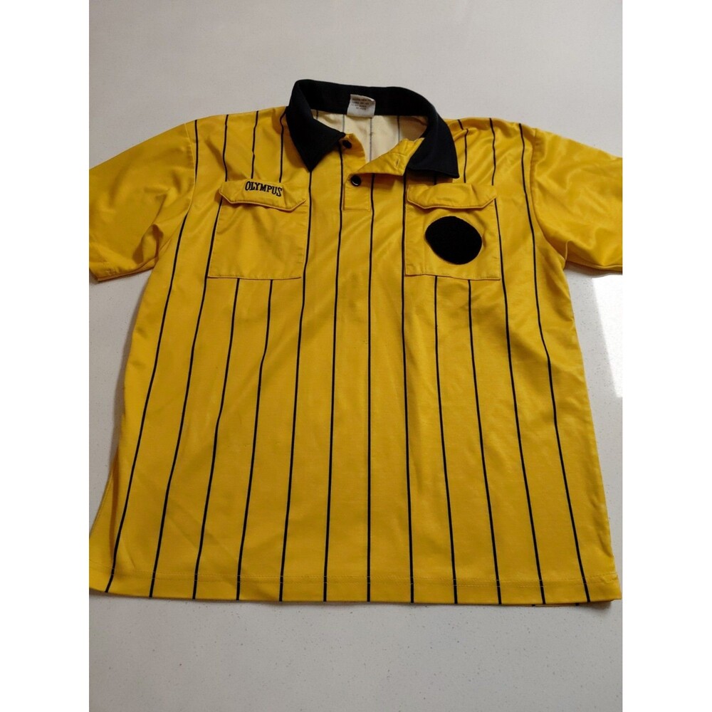 Olympus Soccer Referee Jersey Yellow Black Stripe Polo Shirt Men's M Pocket